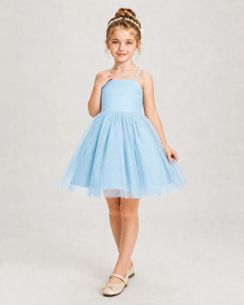 Baby Blue Satin Tulle A-Line Girls Pageant Dresses Front View