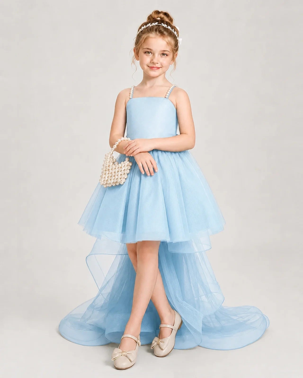 Dideyttawl Pearl Strap High-Low Tulle Girl Pageant Dress