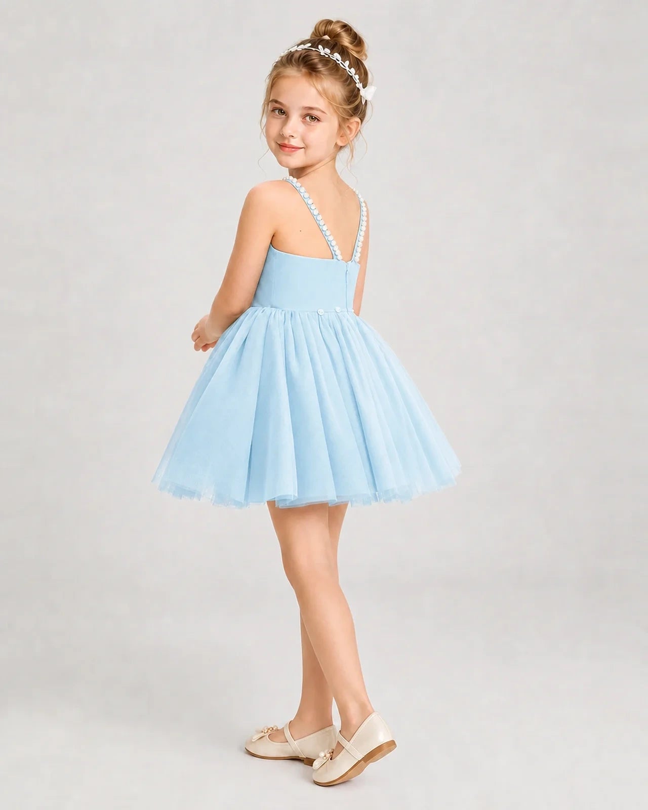 Dideyttawl Pearl Strap High-Low Tulle Girl Pageant Dress