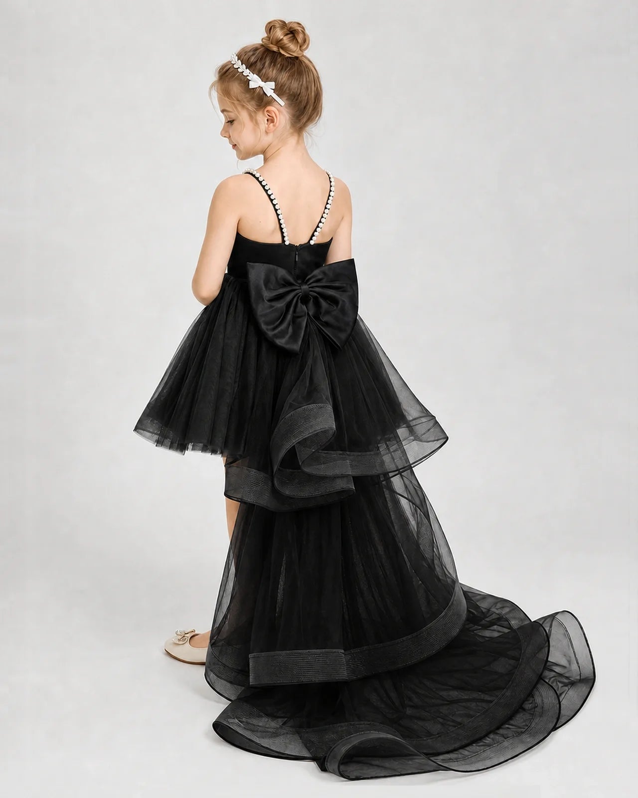 Black Satin and Tulle High-Low Girls Pageant Dresses Back View