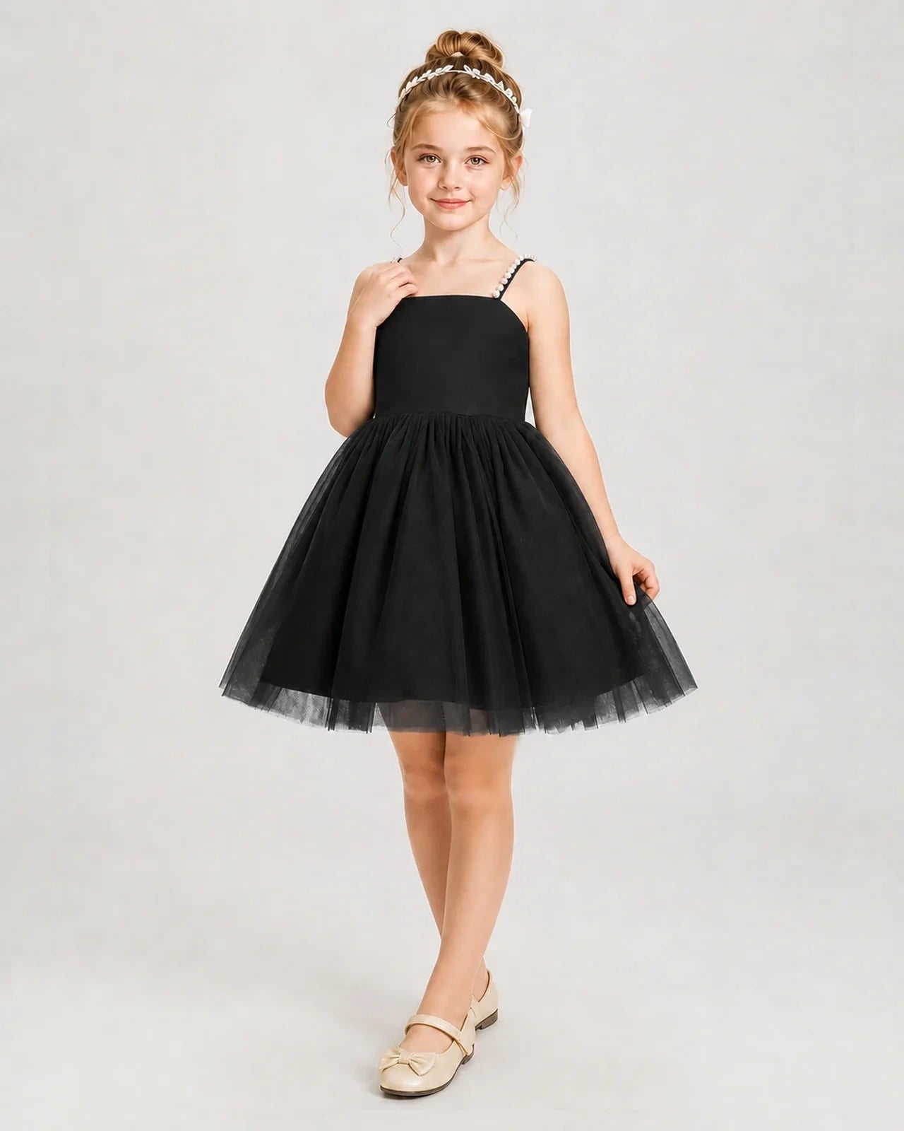 Dideyttawl Pearl Strap High-Low Tulle Girl Pageant Dress
