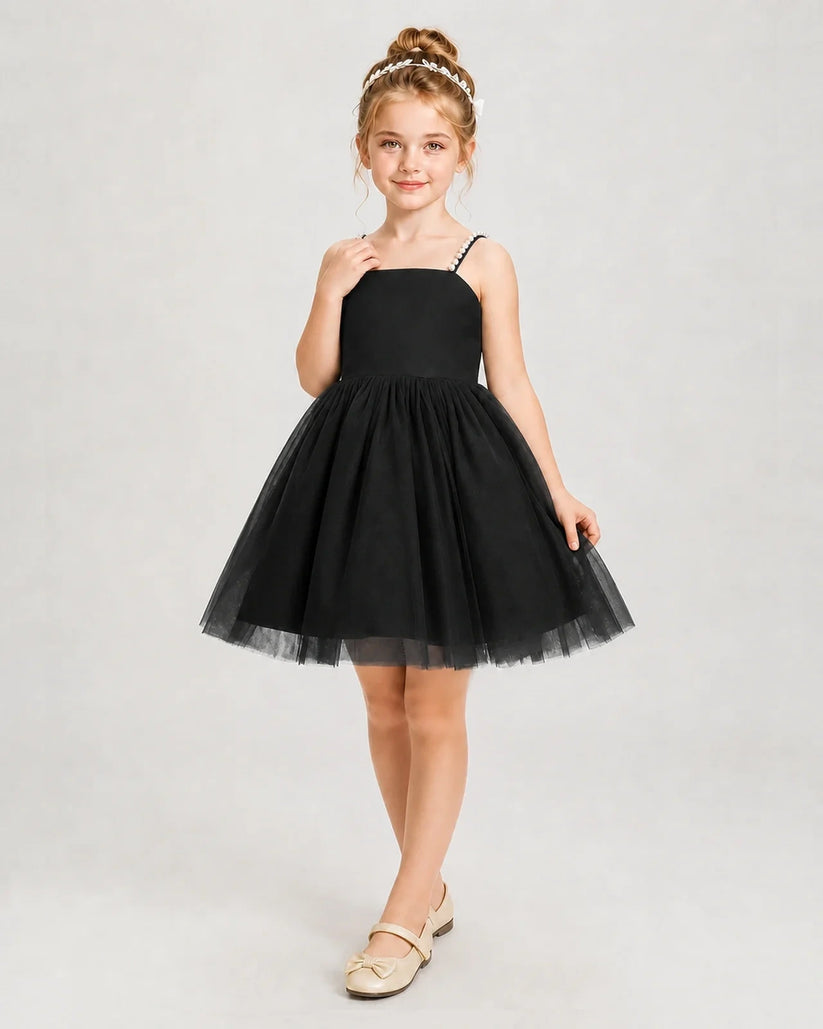 Black satin and tulle A-line dress Girls Pageant Dresses Front View