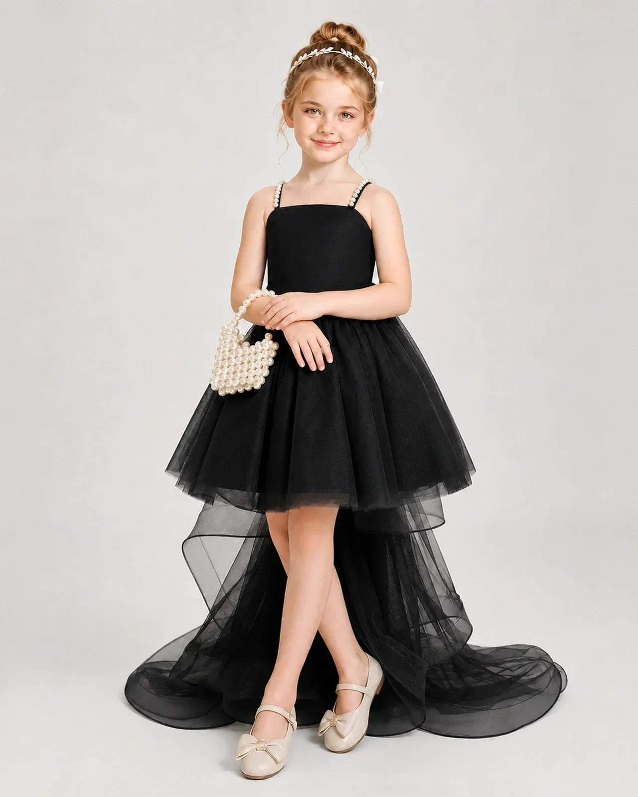 Dideyttawl Pearl Strap High-Low Tulle Girl Pageant Dress