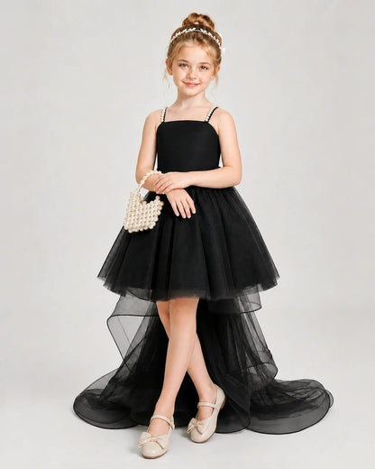 Dideyttawl Pearl Strap High-Low Tulle Girl Pageant Dress