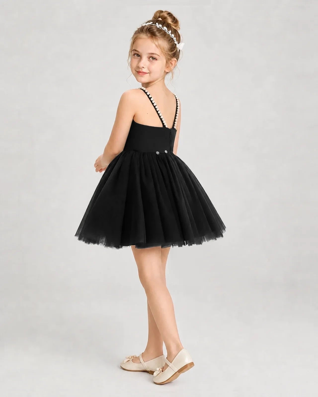 Dideyttawl Pearl Strap High-Low Tulle Girl Pageant Dress