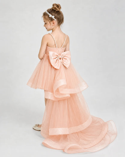 Dideyttawl Pearl Strap High-Low Tulle Girl Pageant Dress