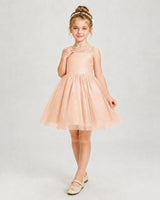 Blush Pink Satin Tulle A-Line Girls Pageant Dresses Front View