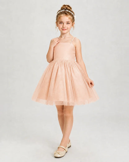 Dideyttawl Pearl Strap High-Low Tulle Girl Pageant Dress