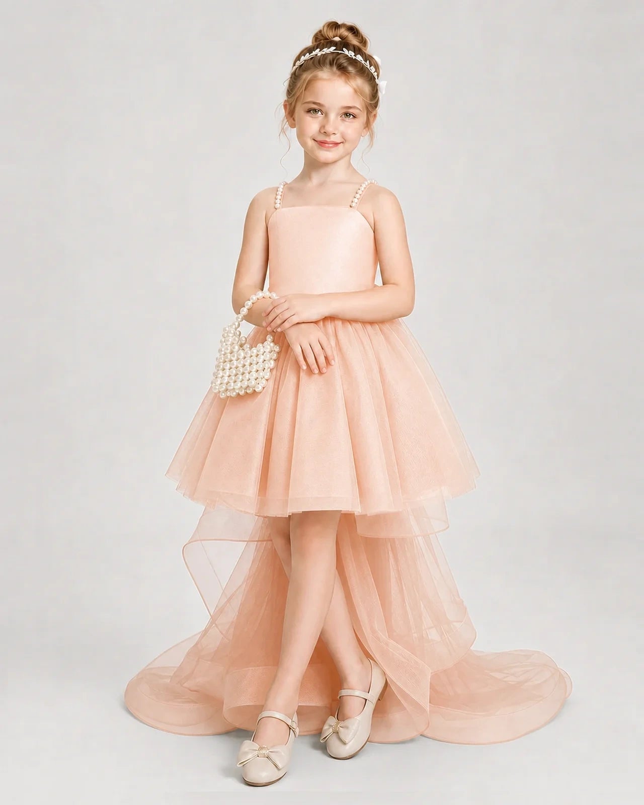Dideyttawl Pearl Strap High-Low Tulle Girl Pageant Dress