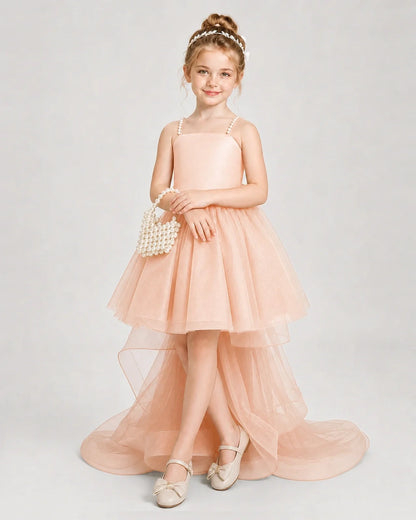 Dideyttawl Pearl Strap High-Low Tulle Girl Pageant Dress