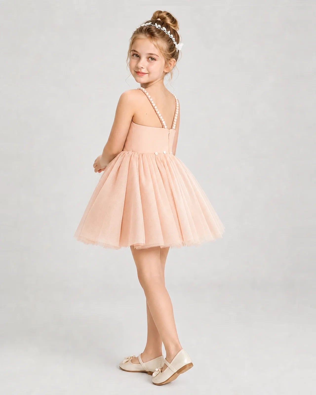 Dideyttawl Pearl Strap High-Low Tulle Girl Pageant Dress