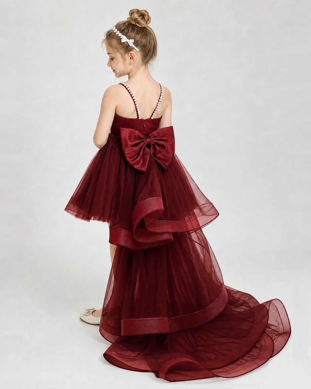 Burgundy Satin And Tulle High-Low Girls Pageant Dresses Back View