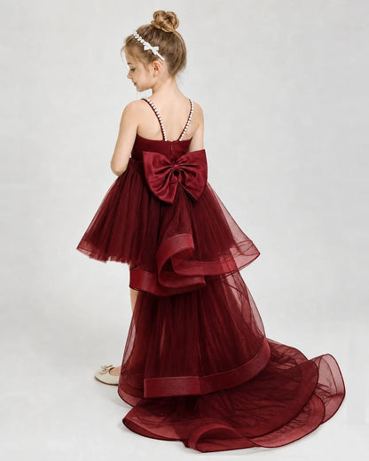 Dideyttawl Pearl Strap High-Low Tulle Girl Pageant Dress