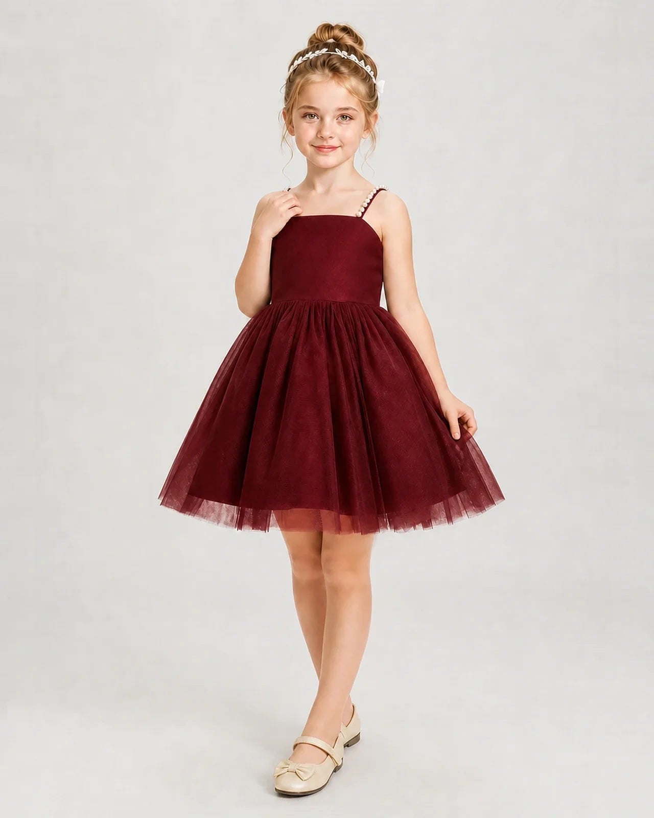 Dideyttawl Pearl Strap High-Low Tulle Girl Pageant Dress