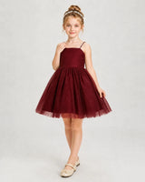 Burgundy Satin and Tulle A-Line Girls Pageant Dresses Front View