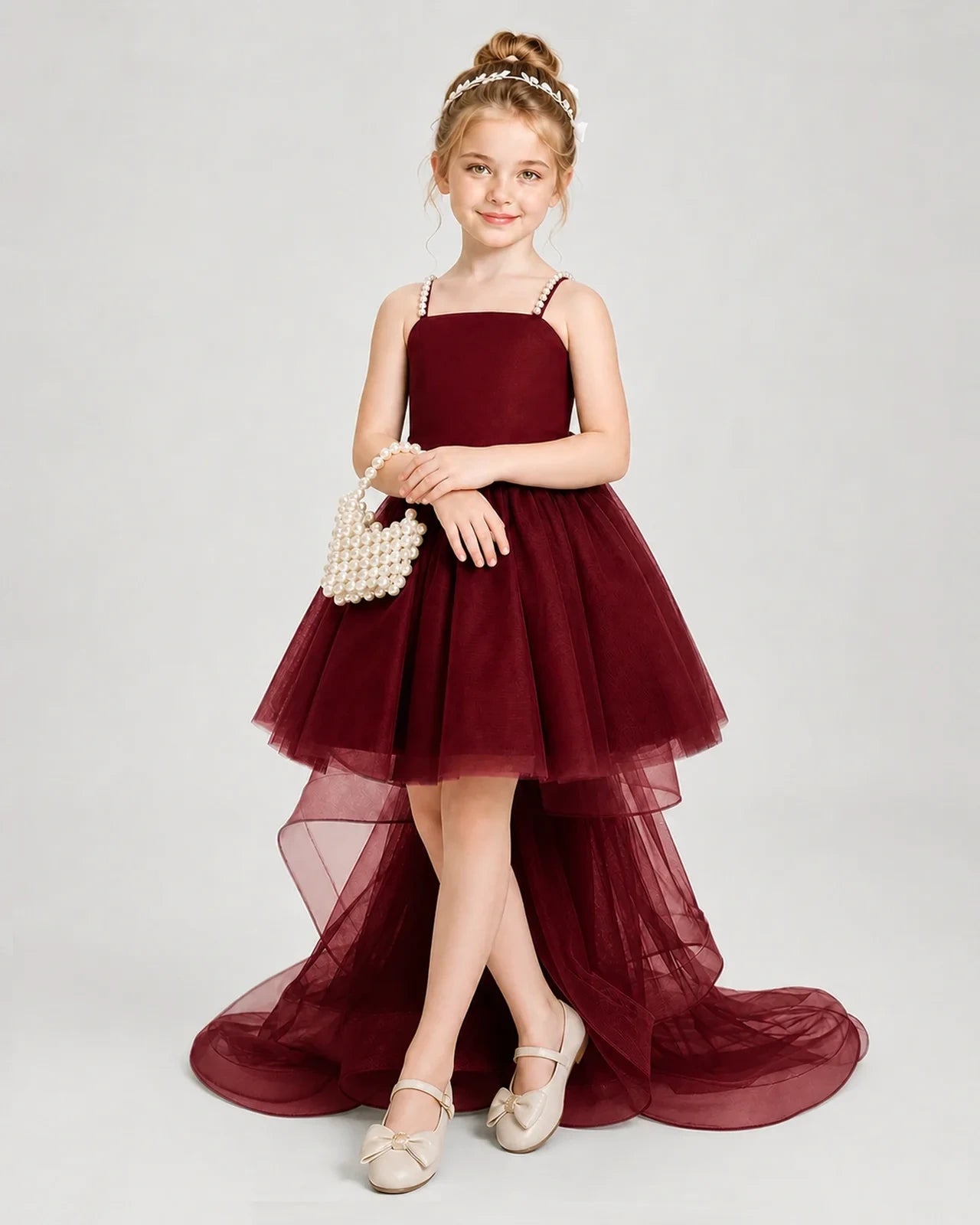 Dideyttawl Pearl Strap High-Low Tulle Girl Pageant Dress