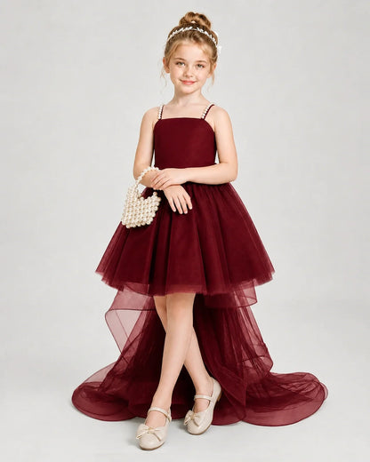 Dideyttawl Pearl Strap High-Low Tulle Girl Pageant Dress