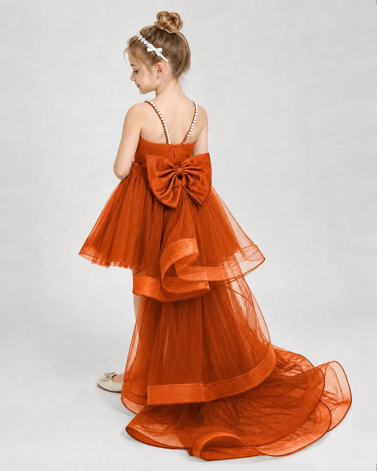 Dideyttawl Pearl Strap High-Low Tulle Girl Pageant Dress
