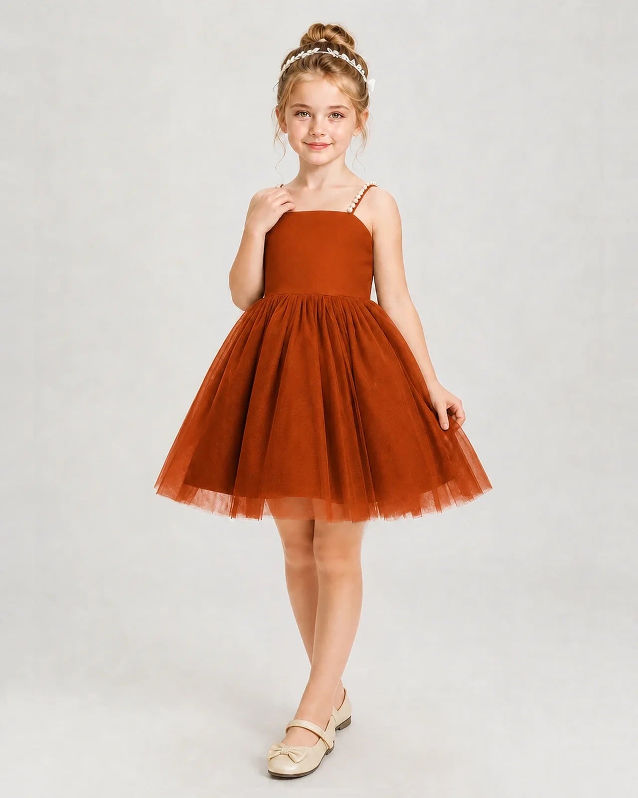 Dideyttawl Pearl Strap High-Low Tulle Girl Pageant Dress