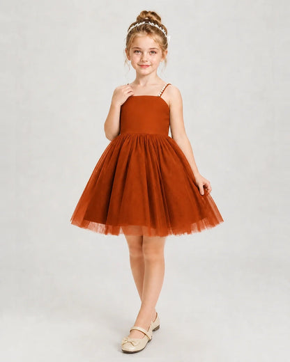 Dideyttawl Pearl Strap High-Low Tulle Girl Pageant Dress