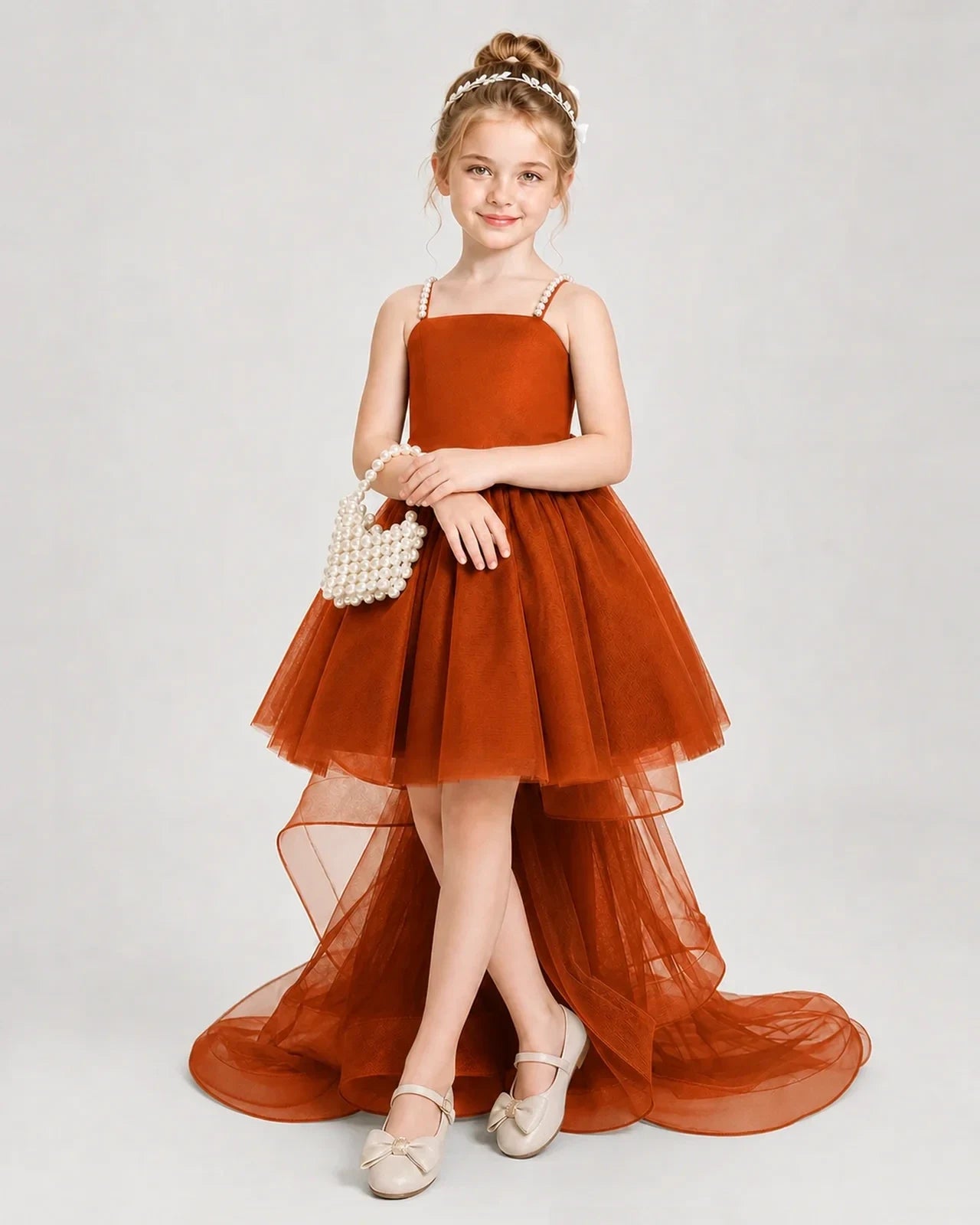 Dideyttawl Pearl Strap High-Low Tulle Girl Pageant Dress