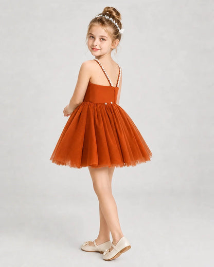 Dideyttawl Pearl Strap High-Low Tulle Girl Pageant Dress