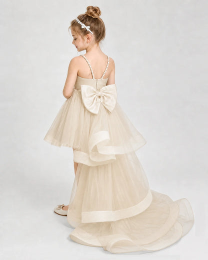 Dideyttawl Pearl Strap High-Low Tulle Girl Pageant Dress