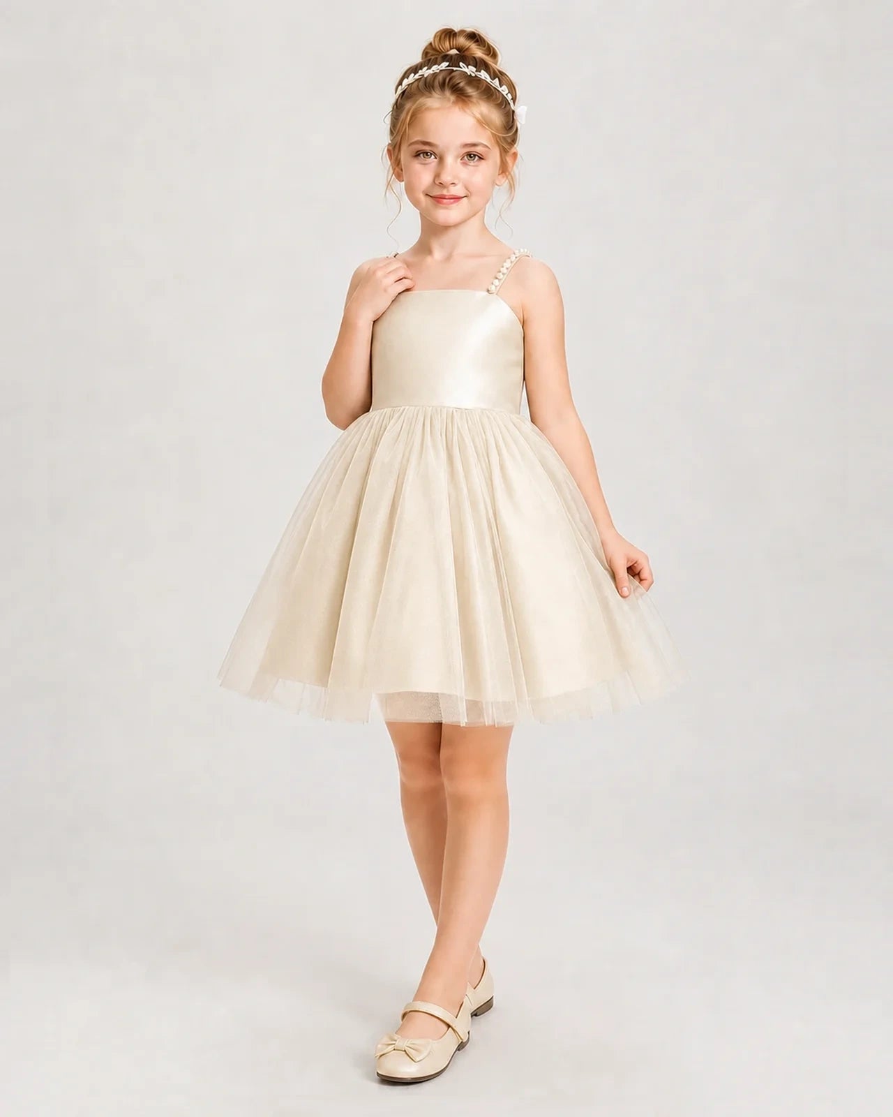 Dideyttawl Pearl Strap High-Low Tulle Girl Pageant Dress