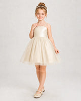 Champagne Satin and Tulle A-Line Girls Pageant Dresses Front View