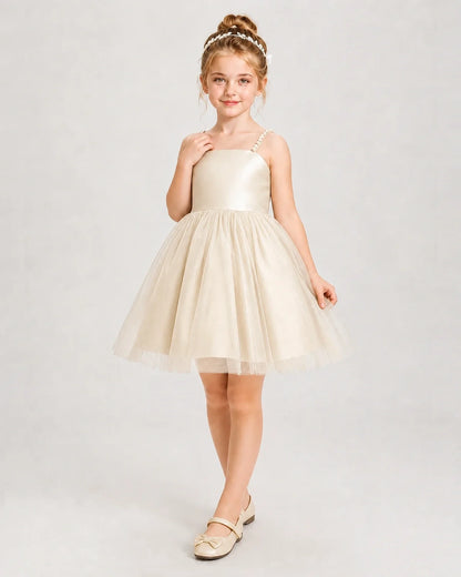 Dideyttawl Pearl Strap High-Low Tulle Girl Pageant Dress