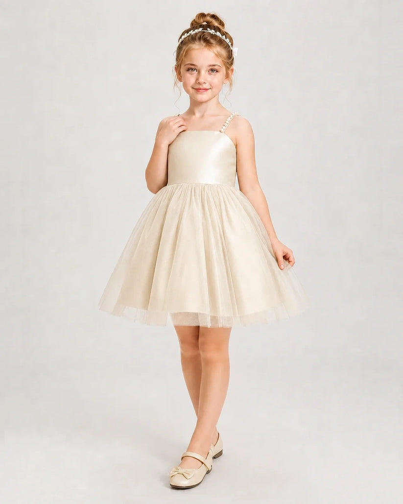 Champagne Satin and Tulle A-Line Girls Pageant Dresses Front View