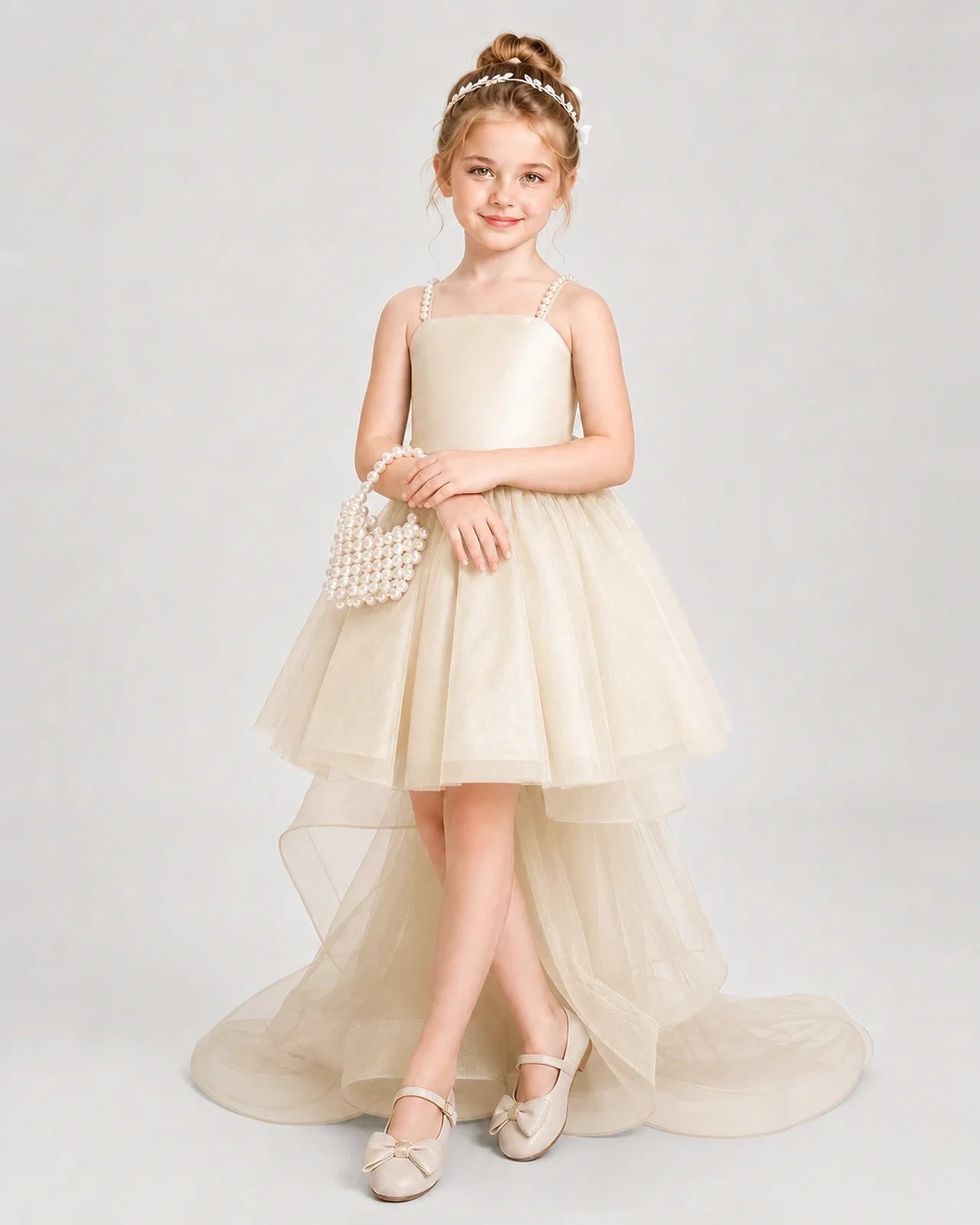 Dideyttawl Pearl Strap High-Low Tulle Girl Pageant Dress