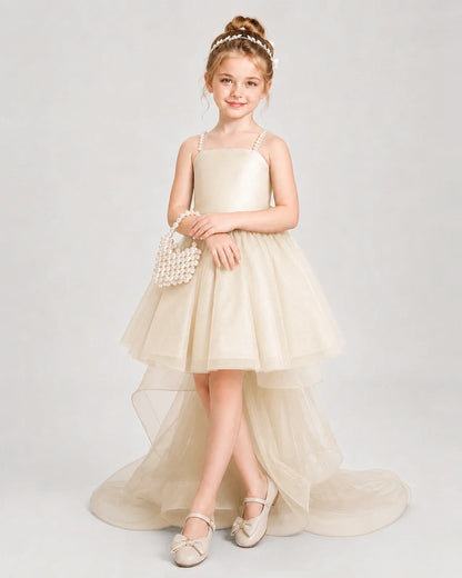 Dideyttawl Pearl Strap High-Low Tulle Girl Pageant Dress