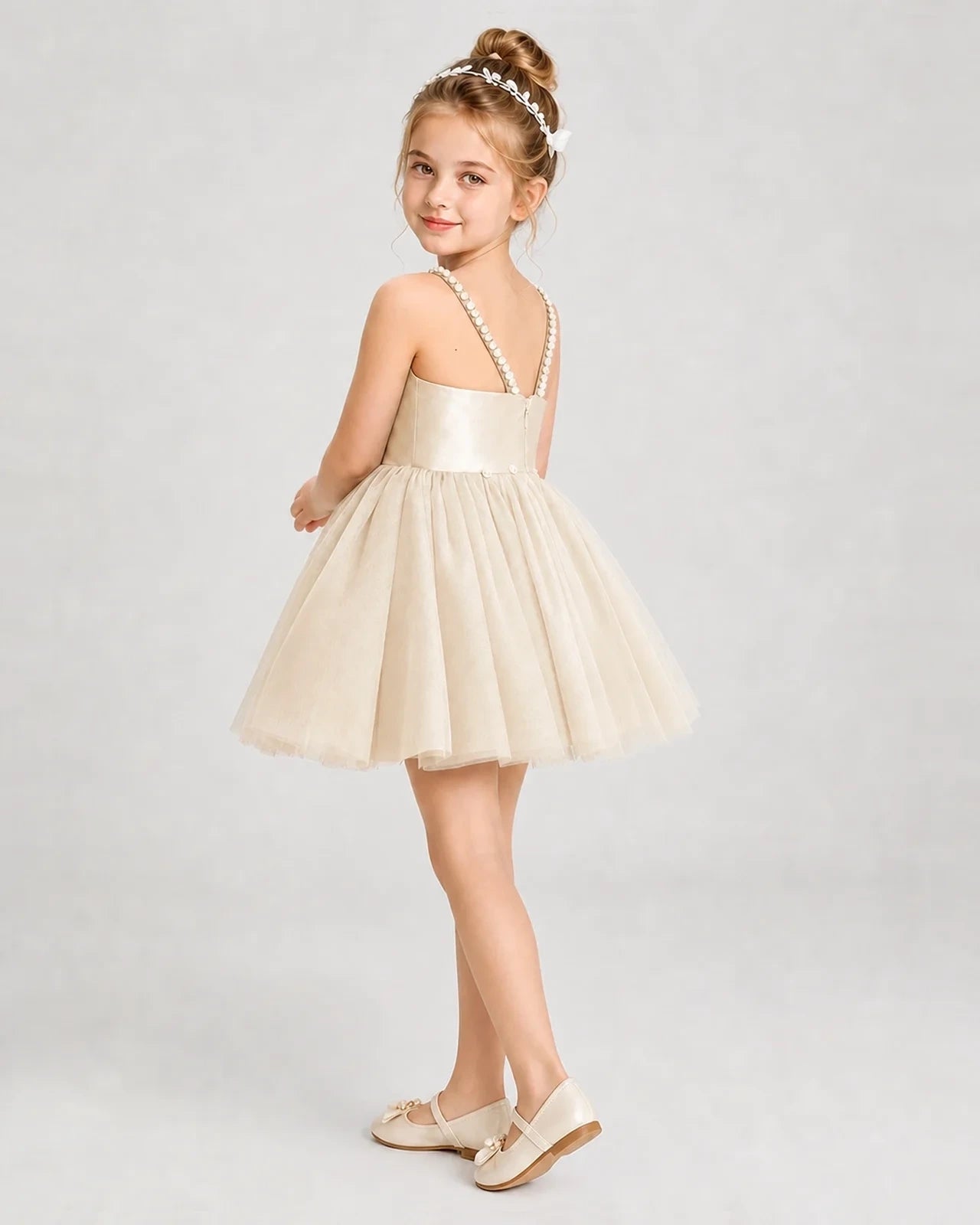Dideyttawl Pearl Strap High-Low Tulle Girl Pageant Dress