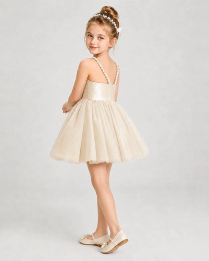 Dideyttawl Pearl Strap High-Low Tulle Girl Pageant Dress