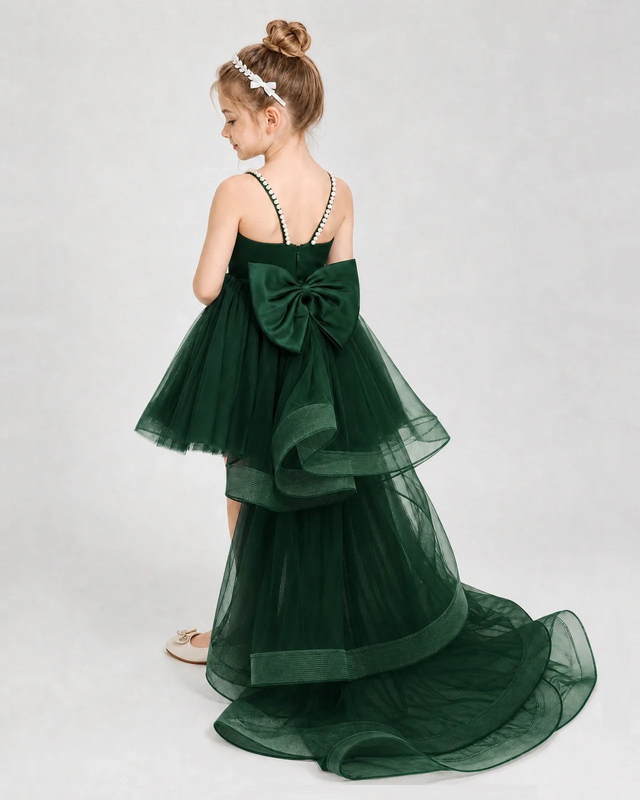 Dideyttawl Pearl Strap High-Low Tulle Girl Pageant Dress