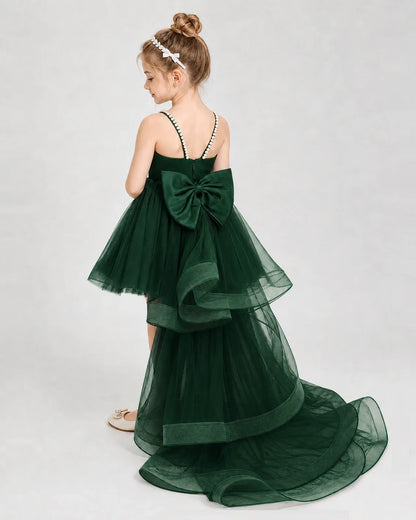 Dideyttawl Pearl Strap High-Low Tulle Girl Pageant Dress