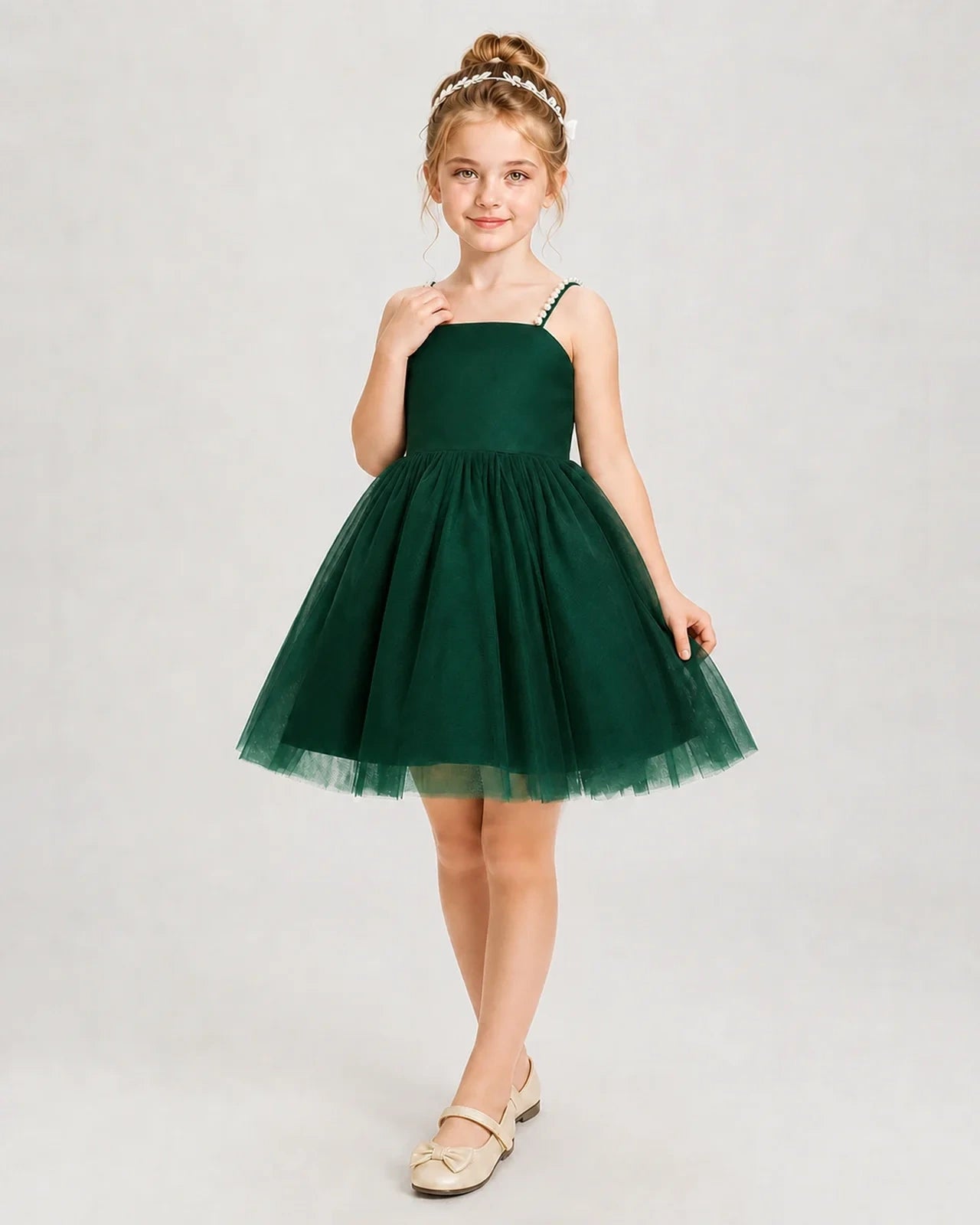 Dideyttawl Pearl Strap High-Low Tulle Girl Pageant Dress