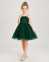 Dark Green Satin and Tulle A-Line Girls Pageant Dresses Front View