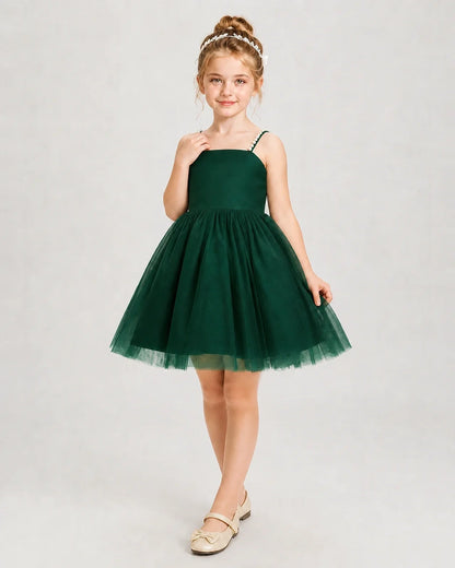 Dideyttawl Pearl Strap High-Low Tulle Girl Pageant Dress