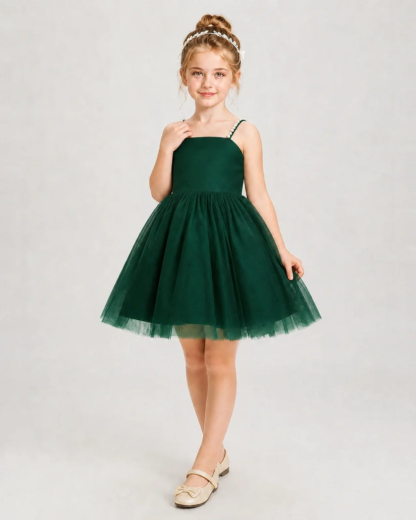 Dark Green Satin and Tulle A-Line Girls Pageant Dresses Front View