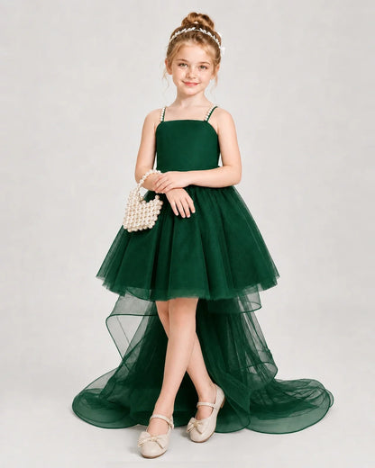 Dideyttawl Pearl Strap High-Low Tulle Girl Pageant Dress