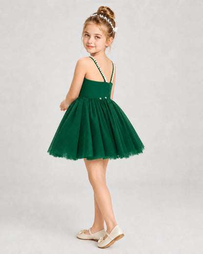 Dideyttawl Pearl Strap High-Low Tulle Girl Pageant Dress
