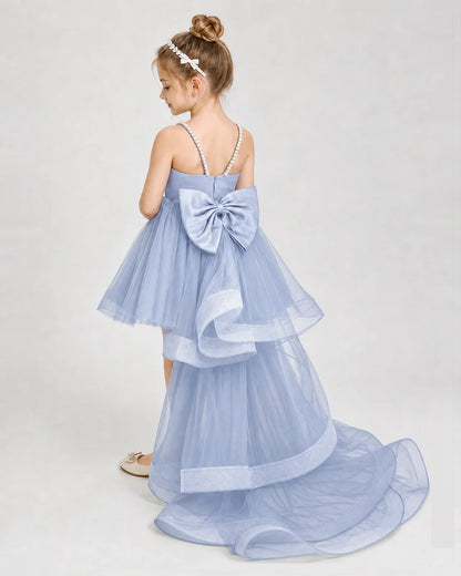 Dideyttawl Pearl Strap High-Low Tulle Girl Pageant Dress