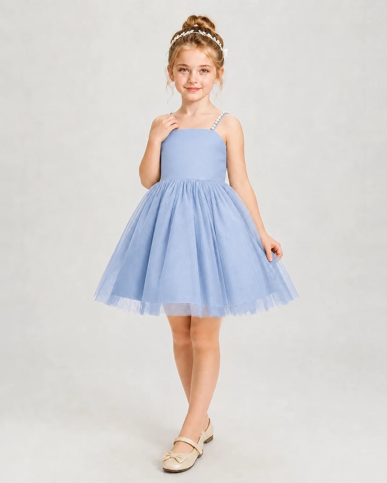 Dideyttawl Pearl Strap High-Low Tulle Girl Pageant Dress