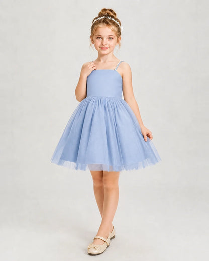 Dideyttawl Pearl Strap High-Low Tulle Girl Pageant Dress