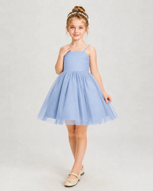 Dusty Blue Satin Tulle A-Line Girls Pageant Dresses Front View