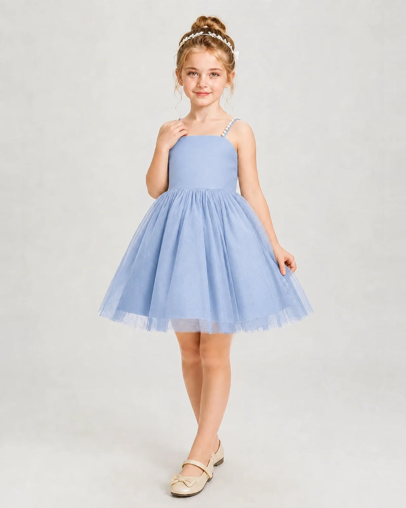 Dusty Blue Satin Tulle A-Line Girls Pageant Dresses Front View
