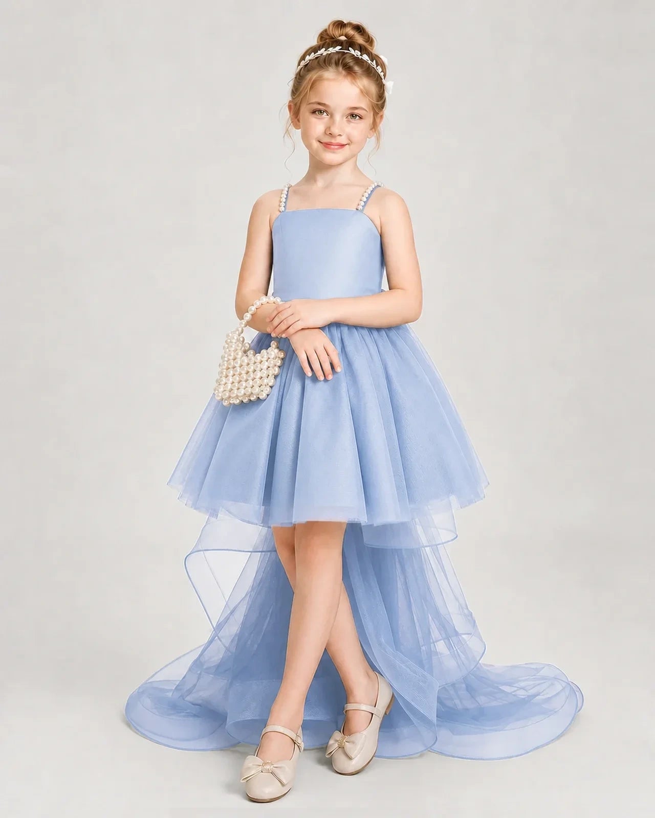 Dideyttawl Pearl Strap High-Low Tulle Girl Pageant Dress