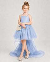 Dusty blue satin and tulle high low dress girls pageant dresses